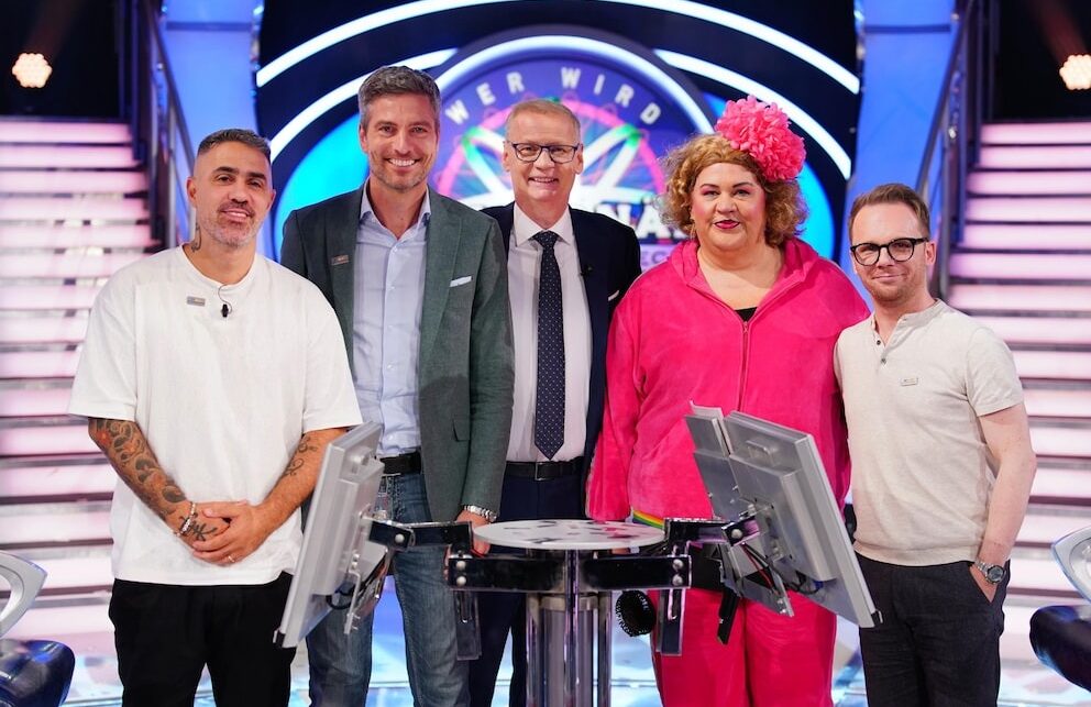 Günther Jauch hatte prominente Unterstützung: Bushido, Ingo Zamperoni, Cindy aus Marzahn und Ralf Schmitz.RTL / Stefan Gregorowius